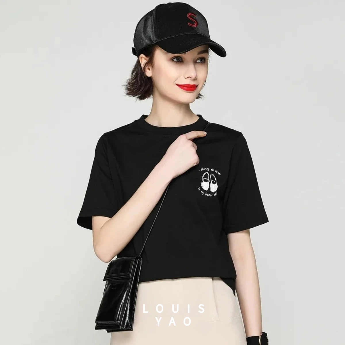 

LOUISYAO Printed Women's T-shirt 2025 Summer Tops Korean Style Pattern Cotton 100% Simple Loose Short Sleeve Tees for Women