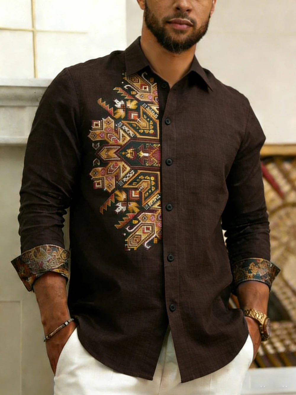 Men's New Long Sleeve Lapel Shirt Ethnic Pattern HD 3D Printed Shirt Hawaiian Casual Social Men's Designer Shirt Fast Shipping