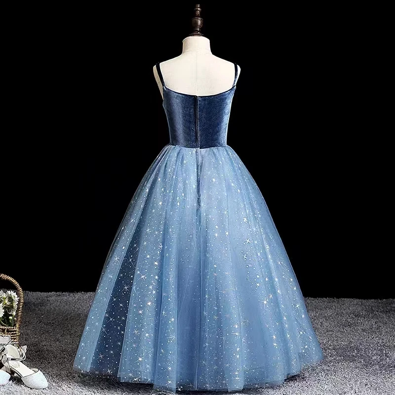 Iridescent Blue Grey Child Flower Girl Dress Tulle Appliques Princess Wedding Party Baptism First Communion Gown Floor Length