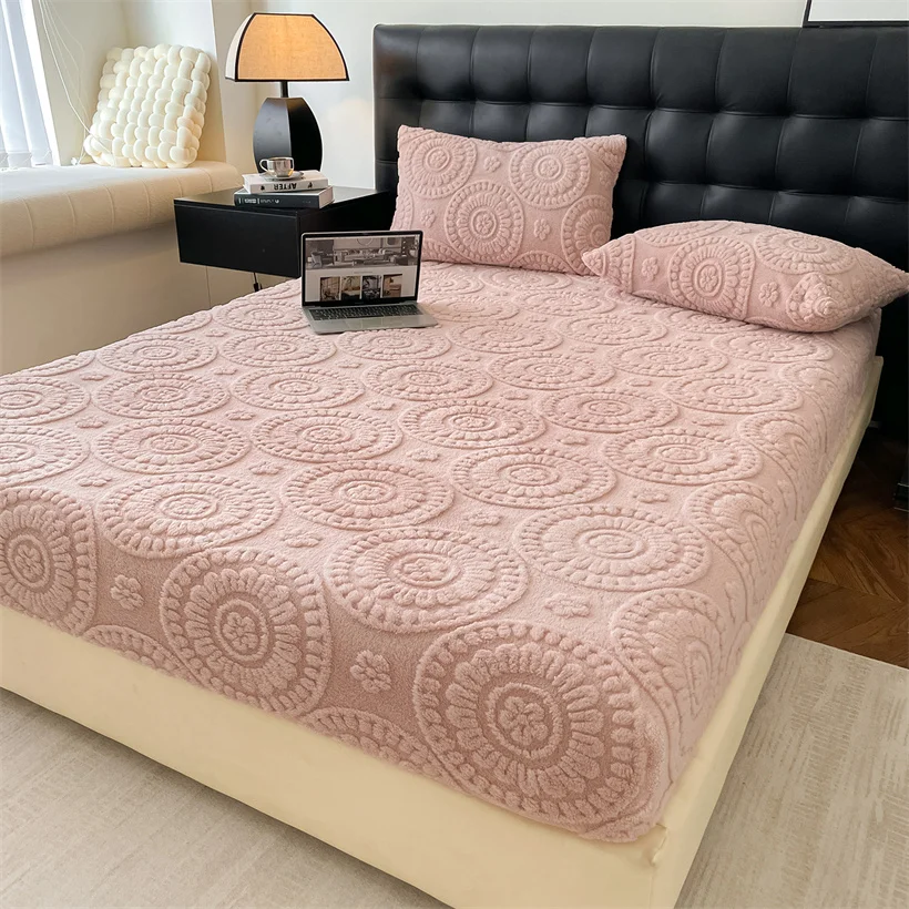 Warm Velvet Bed Fitted Sheet with Elastic Band Jacquard Mattress Protector Covers Soft Bed Cover Single King Queen Size Bedsheet