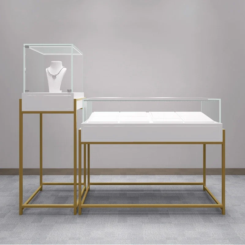 Custom high quality luxur y commercial metal locable glass jewelry display cabinets shop counter LED light Jewelry Showcase