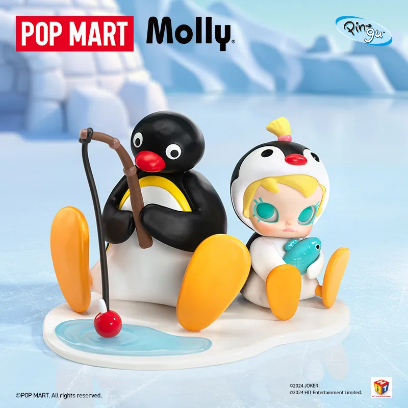 

POPMART Baby Molly × PINGU Fishing Time Series: Коллекционные фигурки на подвесной карточке для декора комнаты, подарки на детские праздники