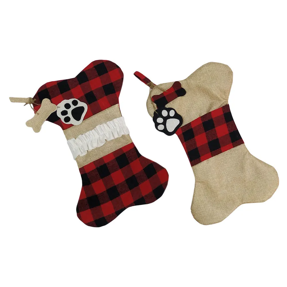 

2Pcs Christmas Socks Gift Bags Premium Bone-Shape Hanging Pouch for Kids Candies Presents Xmas Party Decorations Red Black Grid