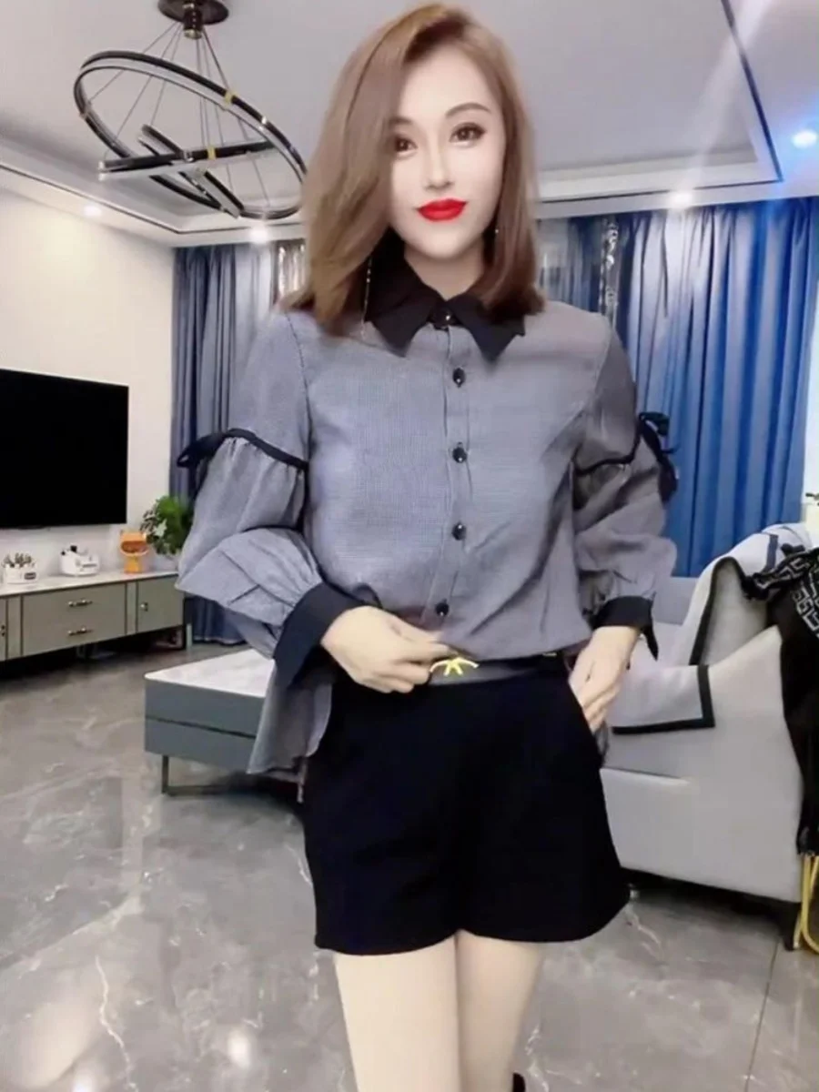 

Новая осенняя женская блузка больших размеров с цветовыми блоками, повседневная, удобная, с длинным рукавом, воротником, модная, для полных женщин