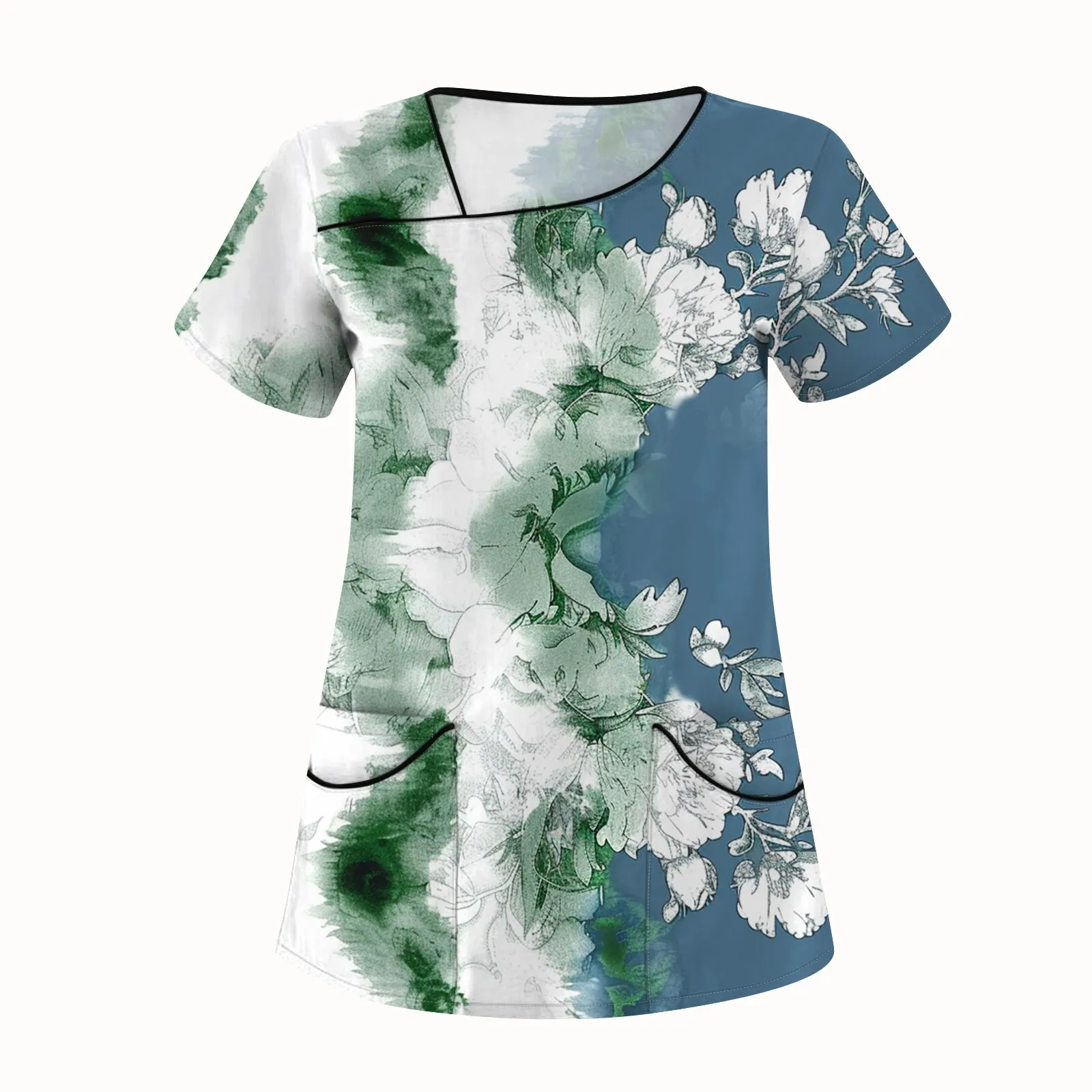 여성용 플라워 프린트 반팔 작업복 상의, 더블 포켓, 캐주얼 루즈핏 케어 상의