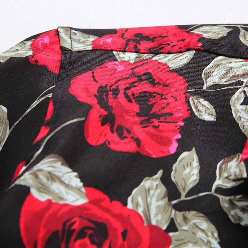 Black Background Color Red Rose Printed Cotton Shirt, Men\'s Square Collar Long Sleeve Shirts White Fashion Tops Camisa / Chemise