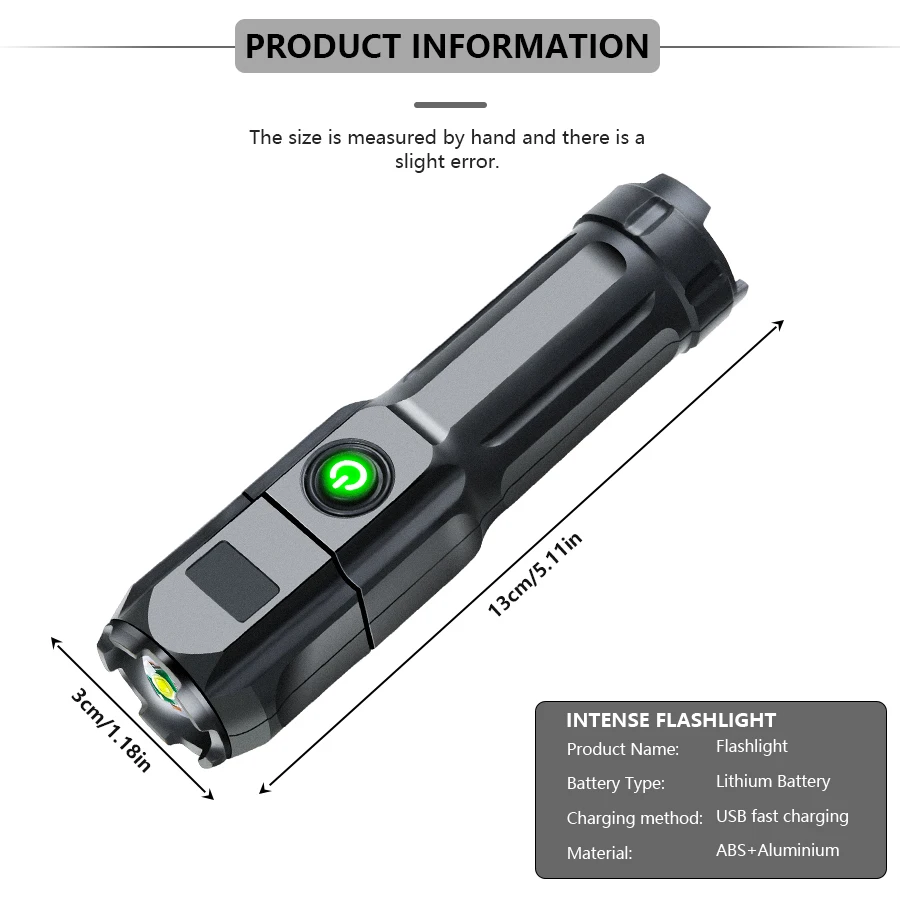 Portable LED Camping Torch Tactical Flashlight High Power Rechargeable USB Waterproof Spotlight Zoom Fishing Hunting Work Lamp
