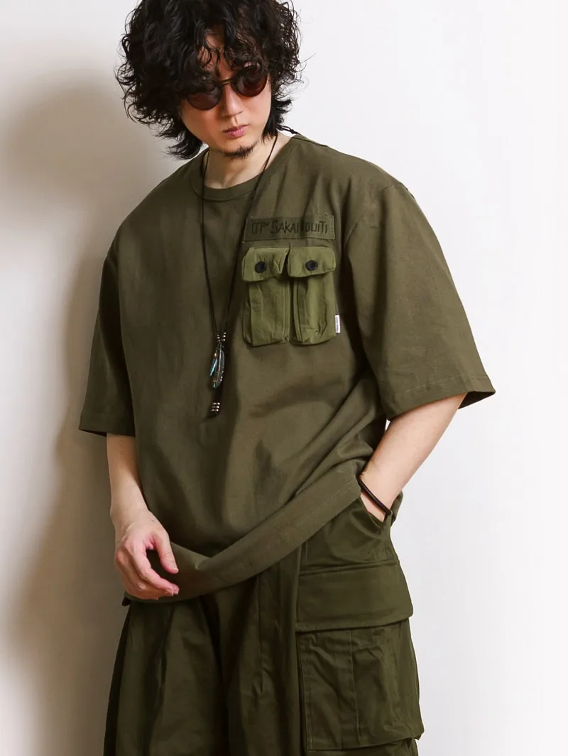 Amikaji Retro Style Summer Men's Short Sleeved T-Shirts Chest Three-dimensional Pocket Decoration