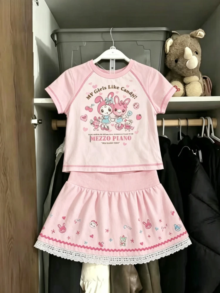 Vintage Kawaii Crop Short Sleeve Tops Women Y2K Street Sweet Daily Tees Casual Outfits Match Skirts Teen Girls Basic Daily Wear