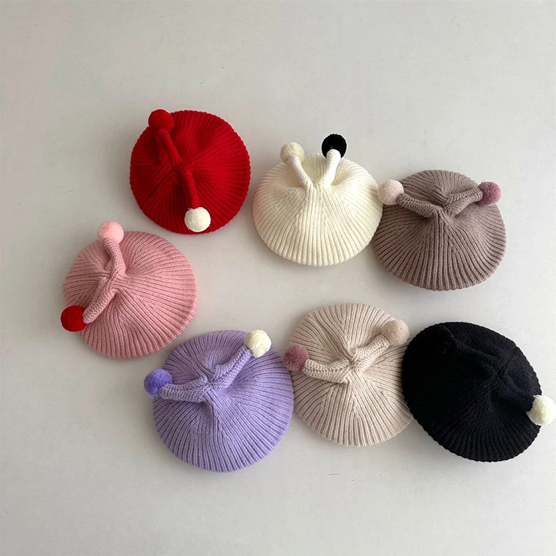 Topi Baret Anak Lucu Bahan Plush Warna Solid, Topi Pelukis Anak, Topi Kupluk Wol Hangat Musim Dingin, Topi Rajut Bayi Usia 3-5 Tahun