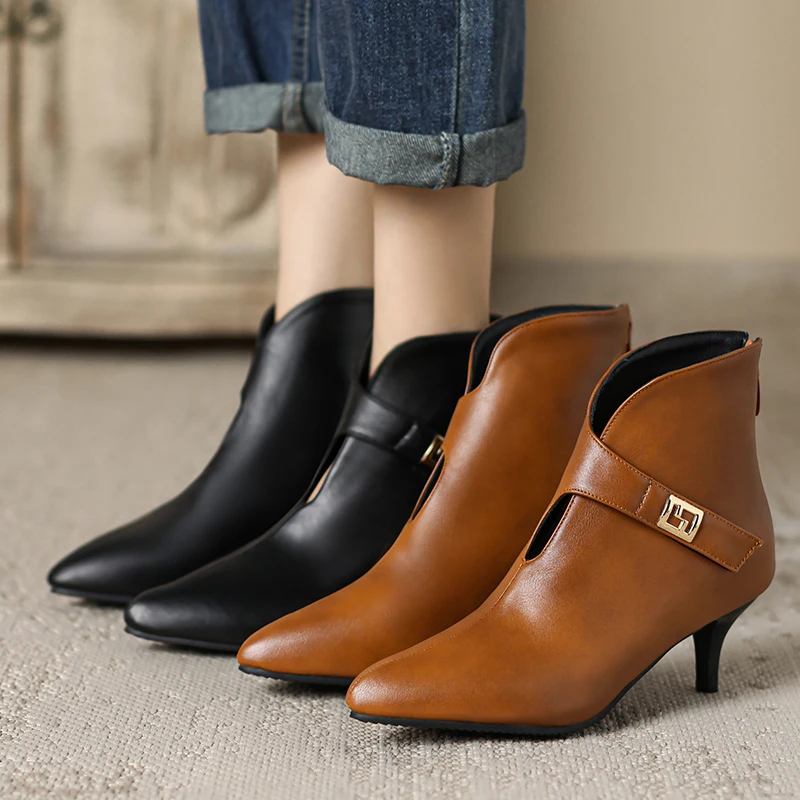 Winter 2023 Elegant Retro Pointed Toe Ankle Boots Ladies High Thin Heel Brown Black Slip-on Short Botas Party Women Shoes Belt