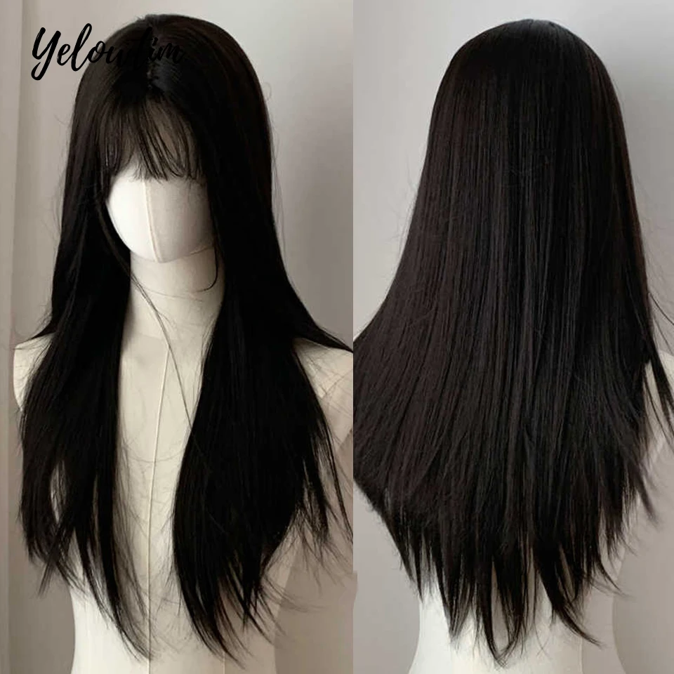 

Длинные шелковистые прямые синтетические парики с челкой, черные парики для косплея в стиле Лолиты для женщин, натуральный термостойкий парик LM