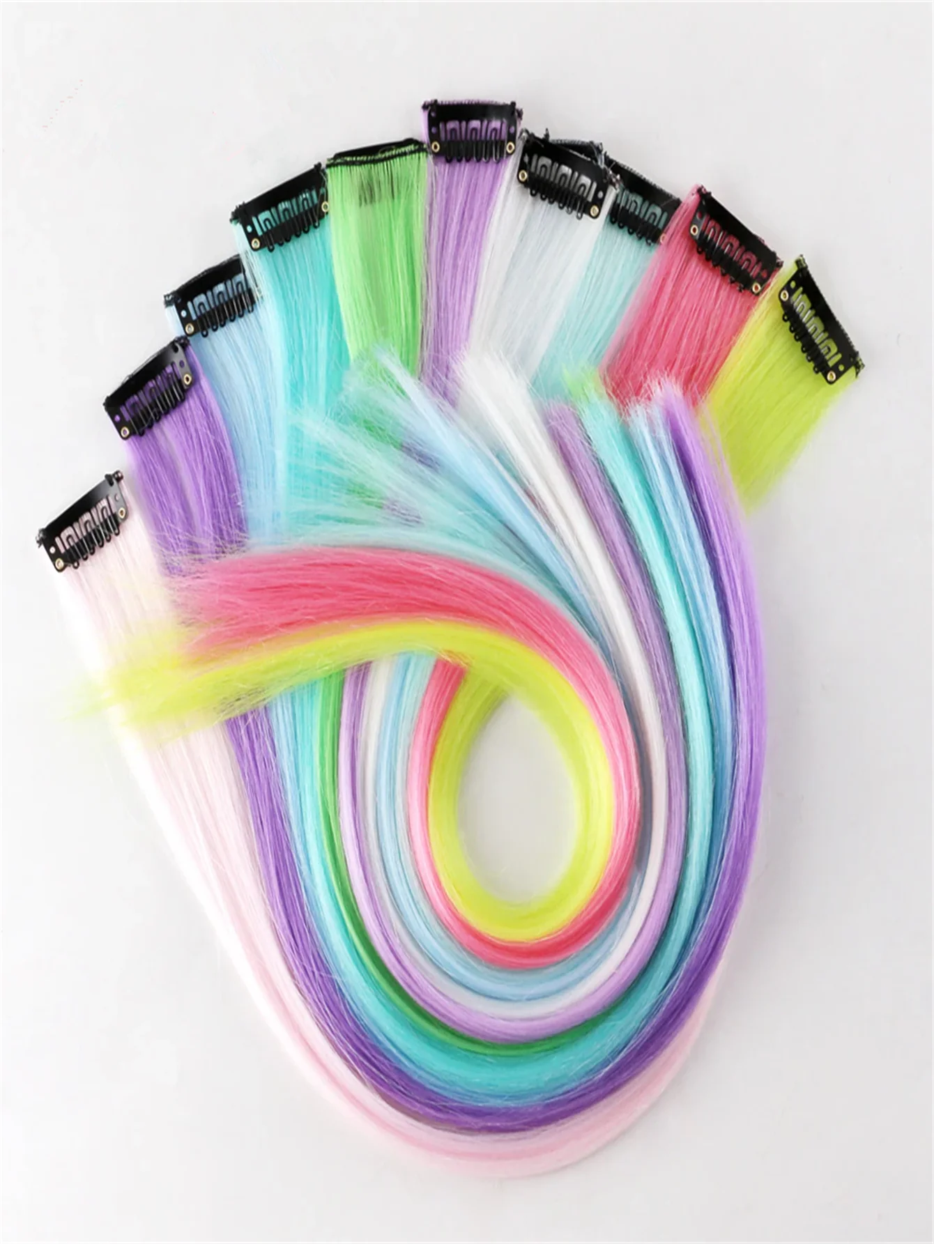10pcs Luminous Clip In Synthetic Hair Extensions 20 Inch Mixed Colored Fluorescent Glow In The Dark Neon Hairpieces image 2