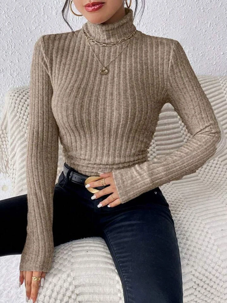 

Semi High Neck Striped Knit Sweater Women Winter Korean New Style Warm Slim Fit Long Sleeve Pullover Casual Tops