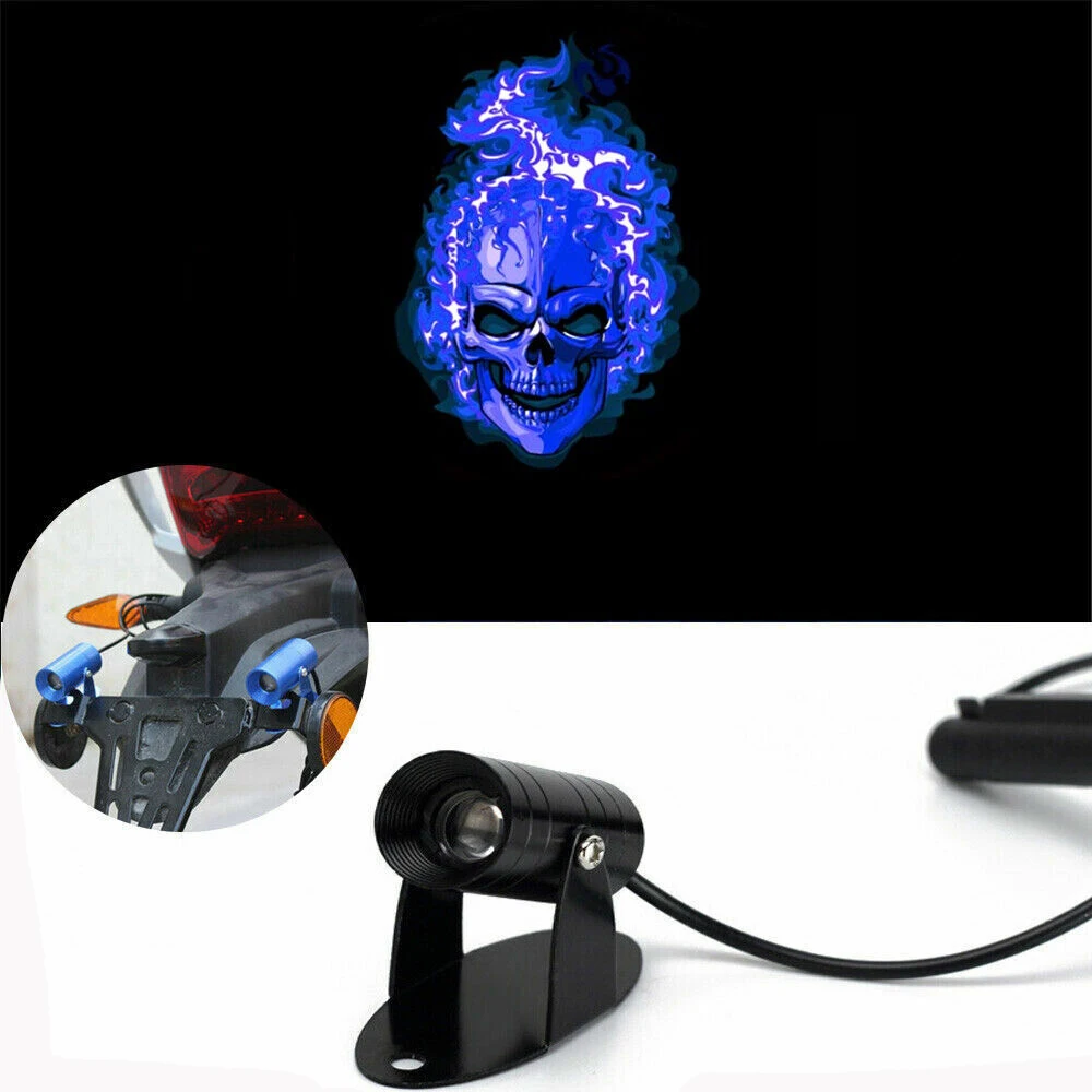 1pc Blue Flaming Skull Symbol LED Motorcycle Rear Welcome Projector Ghost Shadow Light