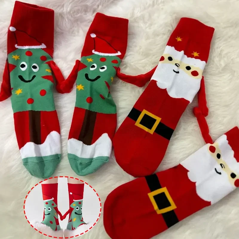 جديد الشتاء الكرتون سانتا كلوز الجوارب المغناطيسية شجرة عيد الميلاد زوجين المغناطيسي عقد الأيدي جورب الرجال النساء منتصف أنبوب جوارب قطنية #4