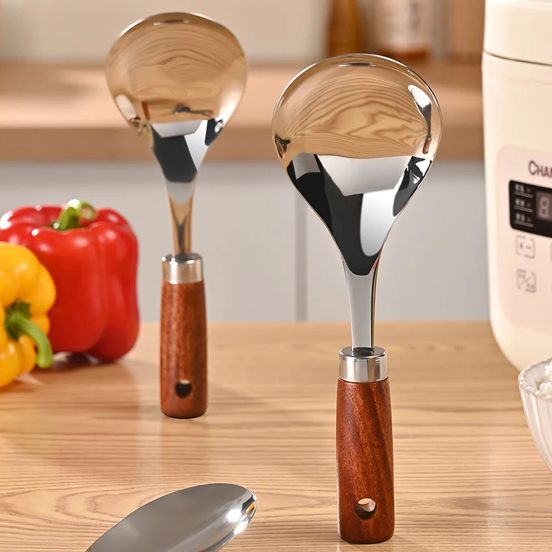 Stainless Steel Rice Spoon Wooden Handle Rice Washing Ladle Spatula For Pot Heat Insulation Heat Resistant Spoon Kitchen Gadgets