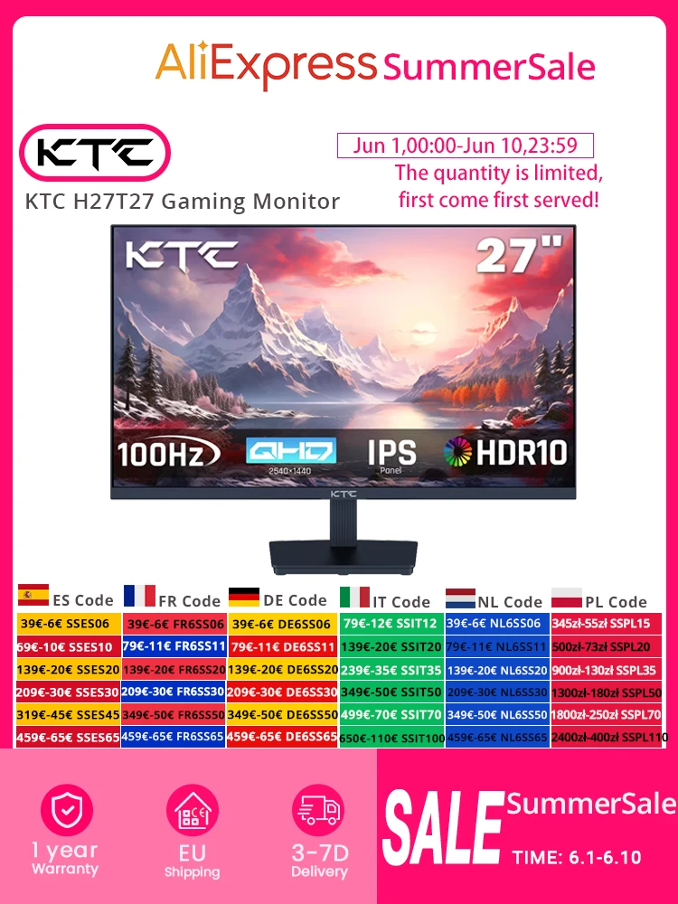 Monitor do gier KTC H27T27, ekran IPS 27 cali 2560x1440, częstotliwość odświeżania 100 Hz, czas reakcji HDR10 1 ms, niski poziom niebieskiego światła i brak migotania — zdjęcie 2