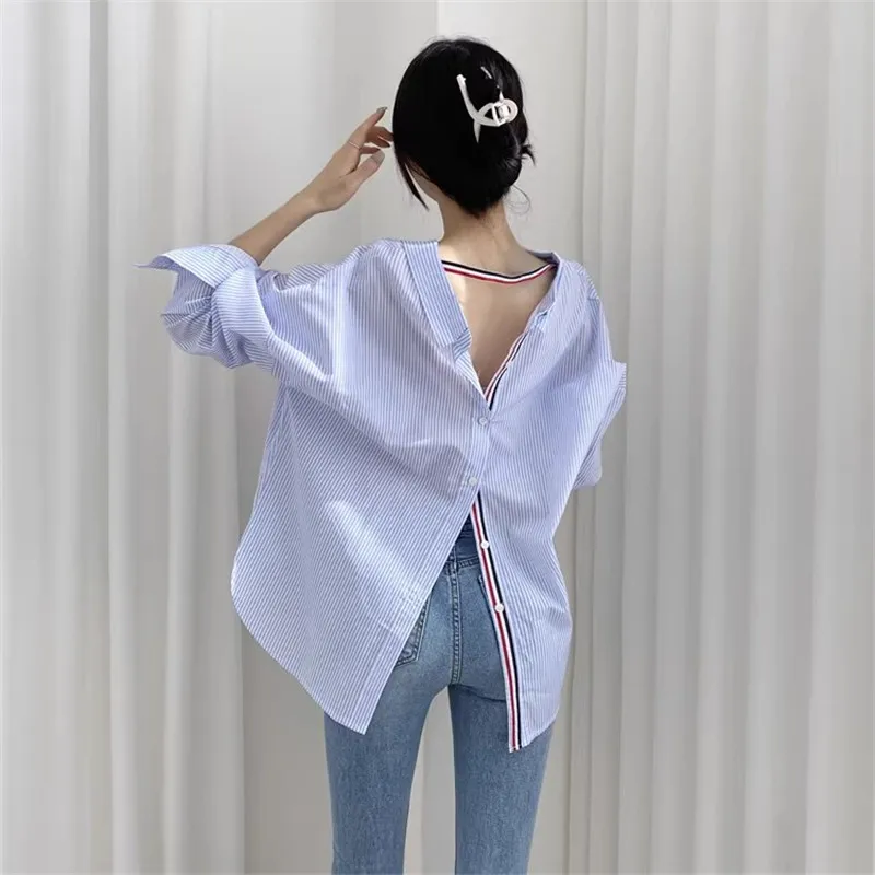 2023 Korean Back Split Women OL Blouses Irregularity Striped Top Tees Fall Vintage Harajuku Fashion Loose Shirts Female S008