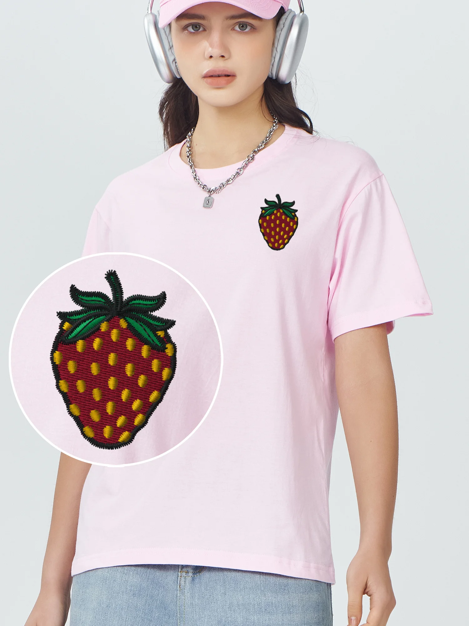 

Футболка с вышивкой красной клубники, футболки из 100% хлопка с вышивкой клубники, футболка с клубникой на заказ, футболка на День матери