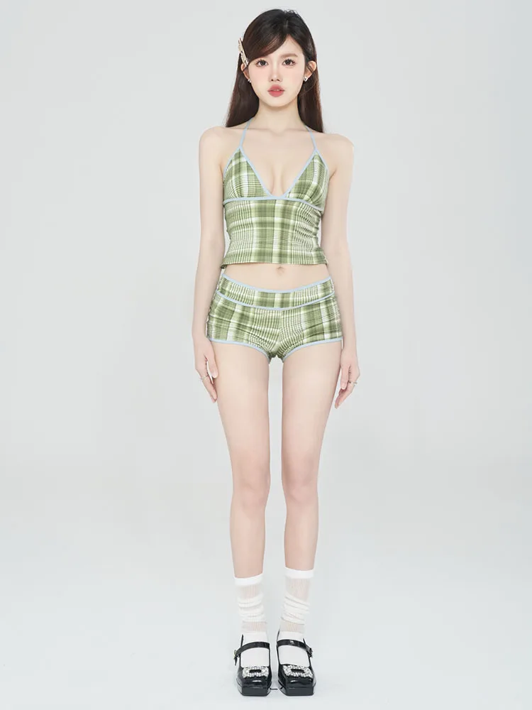 Rolekar Women's 2026 New Split High-End Beautiful Green Plaid Unique Artistic Swimsuit V-neck No-sleeved Beach Playwear