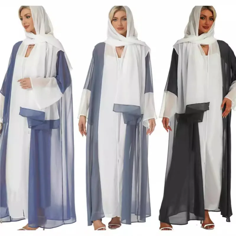 

Abaya Chiffon Robe Dress Headscarf Elegant Arab Women's Two Piece Set Outer Robe+headscarf Ramadan Dubai Luxury Islam Elegant