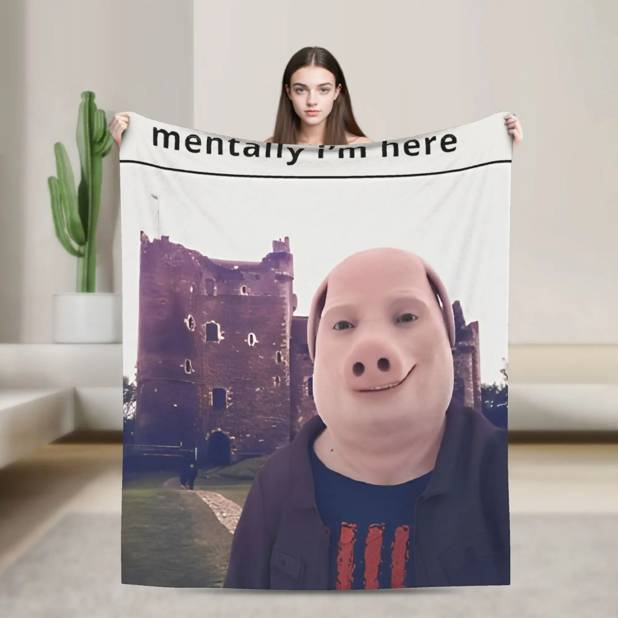 Mentally I'm With John Pork Flannel Blanket Funny Pig Meme Novelty Throw Blankets for Bed Sofa Couch 150*125cm Rug Piece