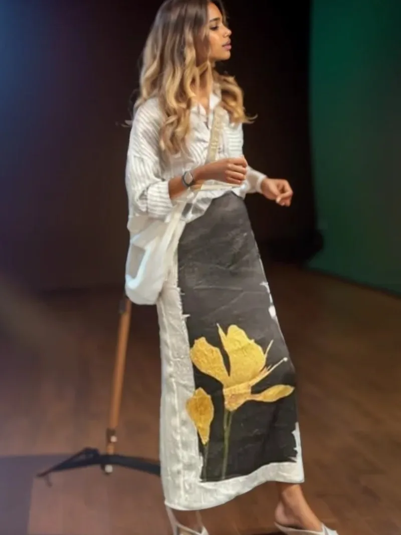 

Elegant Printed Women's Long Skirts Fashion Pleated Effect Midi Skirt Temperament Slim Long Skirts for Women 2025 New Fashion