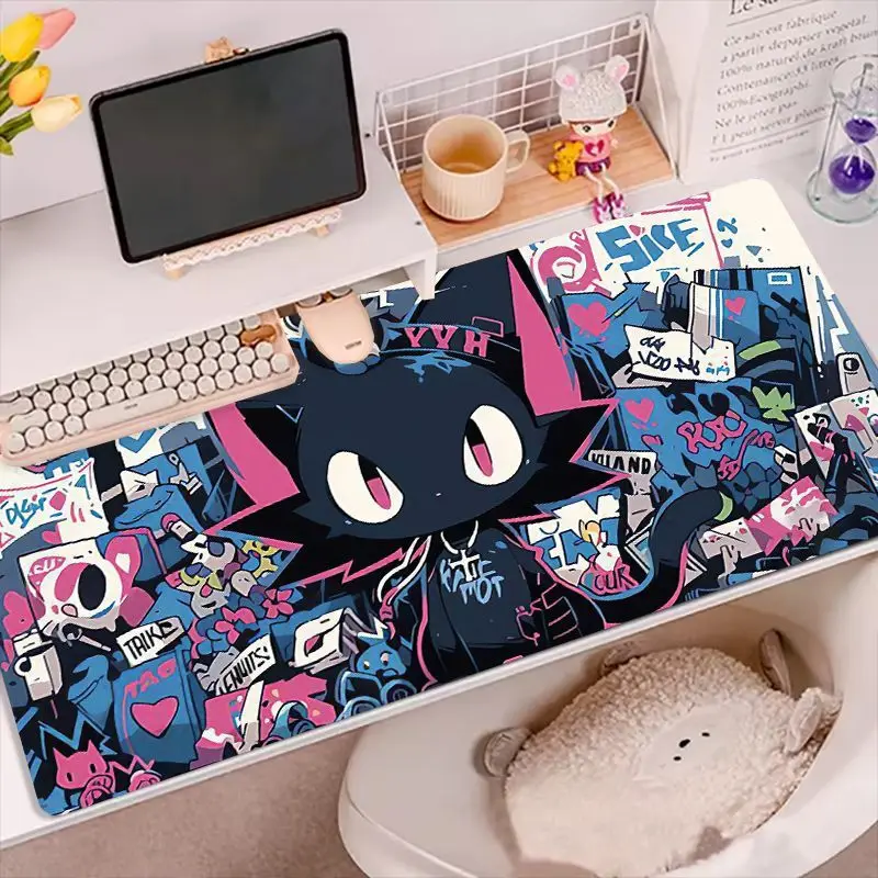 

Темный крутой черный коврик для мыши XXL с рисунком кота в стиле граффити, резиновый, для киберспорта, игр, компьютера, клавиатуры, украшения рабочего стола
