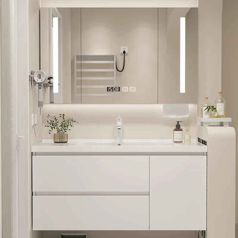 

Cream Style Bathroom Cabinet Combination Light Luxury Intelligent Solid Wood Modern Minimalist Bathroom Sink Cabinet