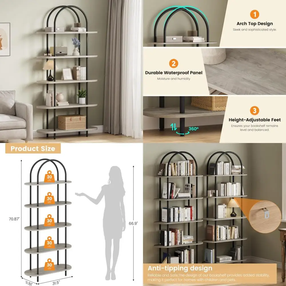 5-Tier Arched Bookshelf with Metal Frame for Home Display and Storage