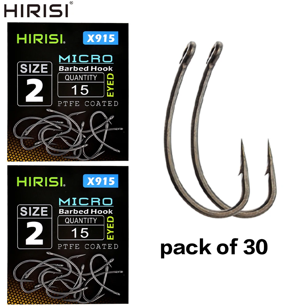 Hirisi 30x Carp Fishing Hooks With Eye Micro Barb High Carbon Steel Fish Hooks PTFE Coated Fishing Accessories X915