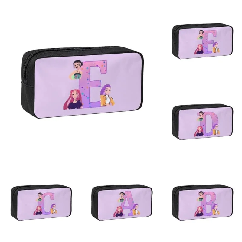 Cute Cartoon Girls Letter A-Z Star Print Pencil Case Large Capacity Zipper Pen Bag Stationery Pouch for Students Teens