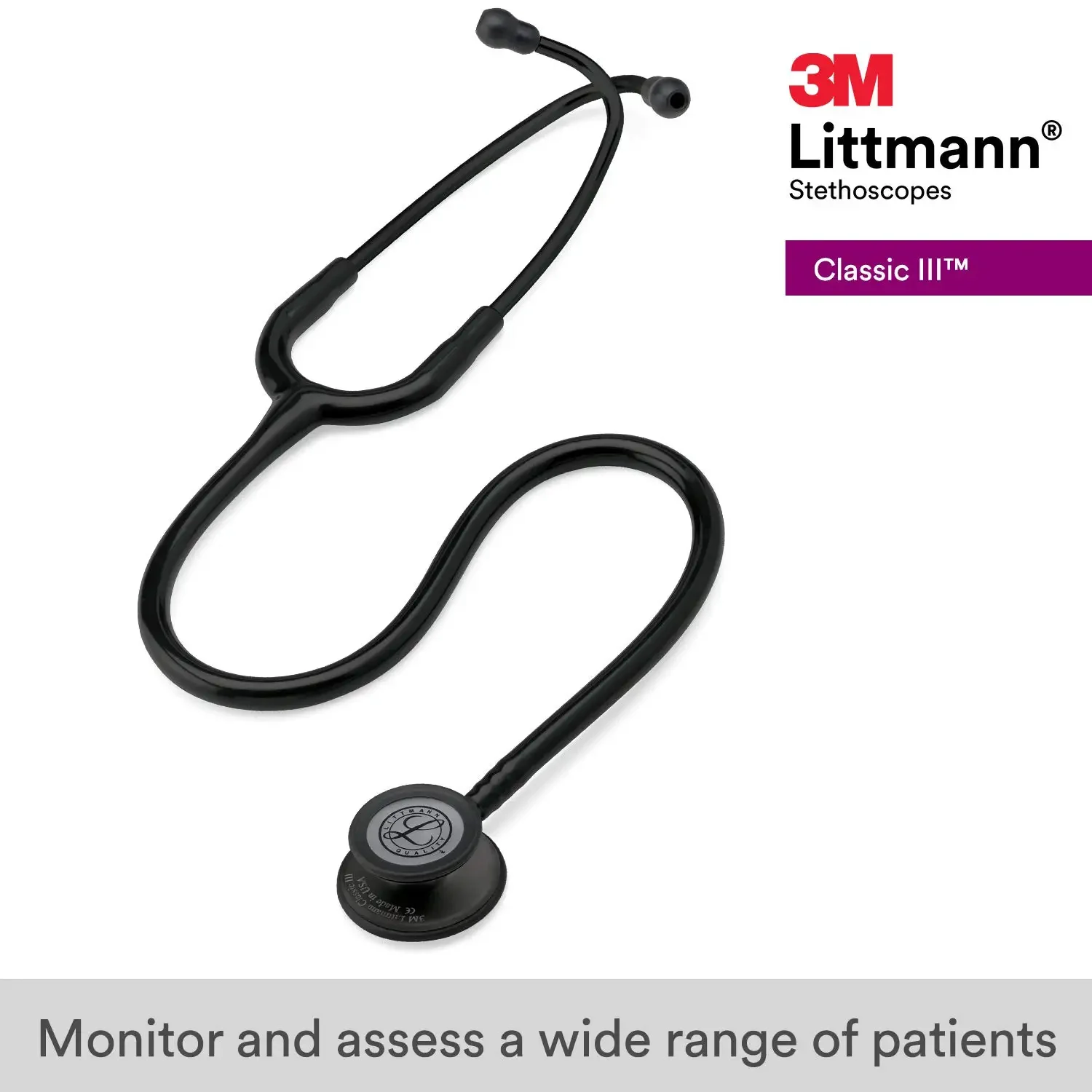 3M Littmann Classic III Monitoring Stethoscope 5803 All Black Tube Stainless Stem and Headset For Doctor Nurse Health Care