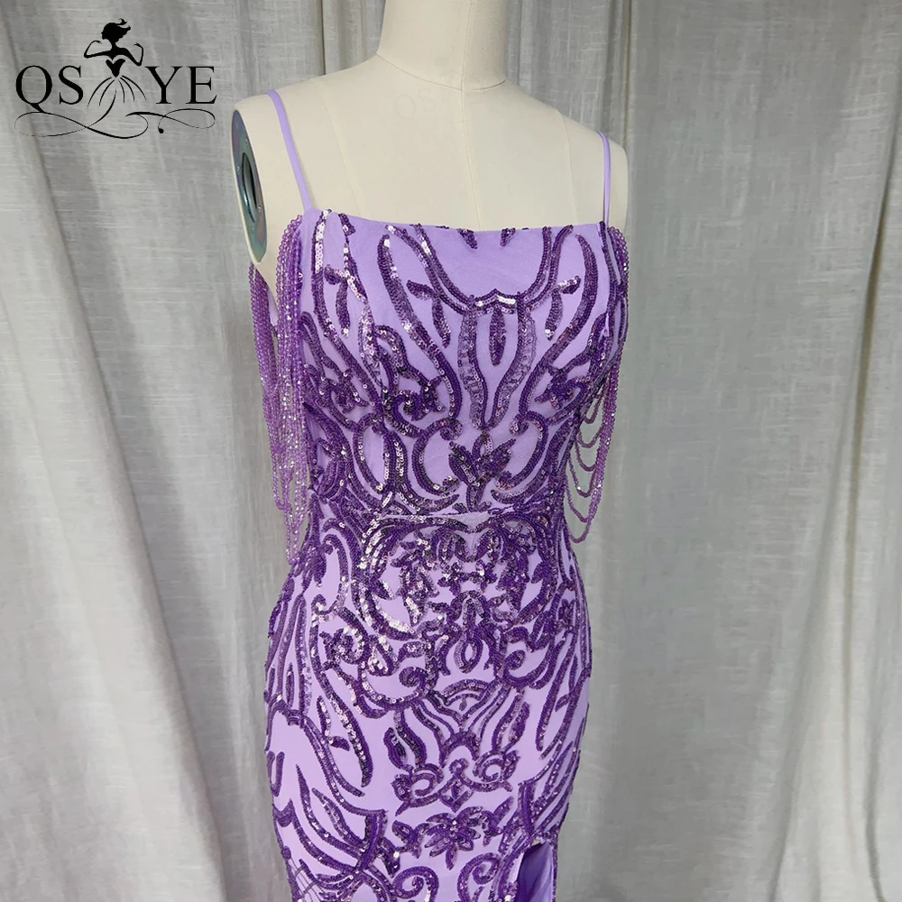 Robe de Soirée Violet en Dentelle à Paillettes et Manches Latérales, Tenue de Bal, Lavande, Bretelles Spaghetti, Dos Bas