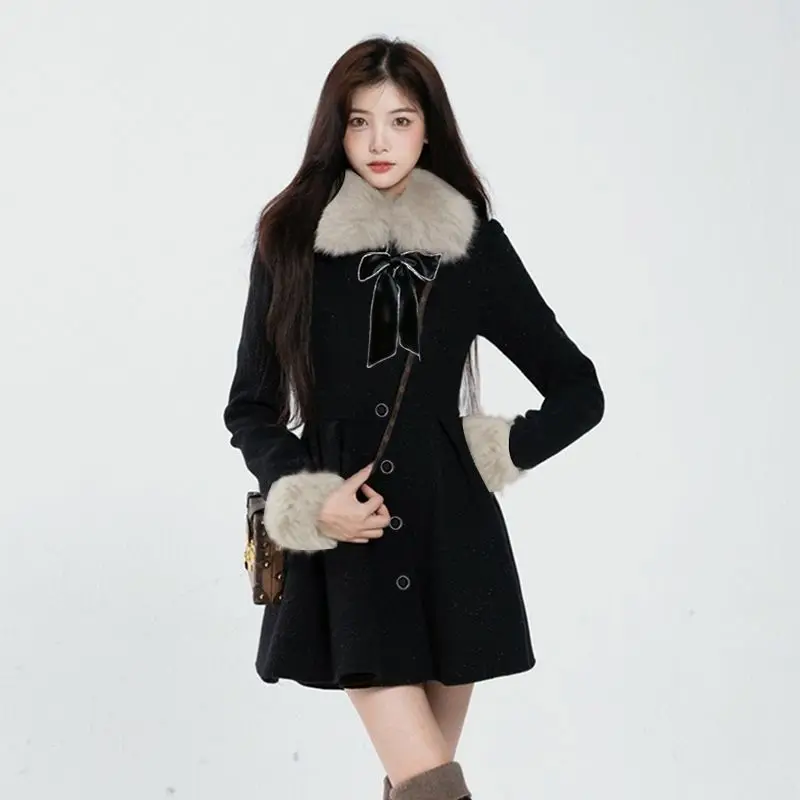 Women Winter Faux Fur Collar Bowtie Suit Dress Coat Slimming  A-Line Pleated Skirt Trench Jacket Furry Long Sleeve Tops 2024