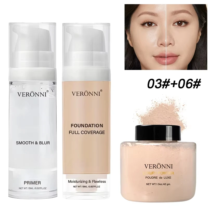 3pcs Beginner Face Makeup Kit-Matte Foundation Makeup,Hydrating Primer,Oil-Control Loose Powder,Full Coverage Face Concealer