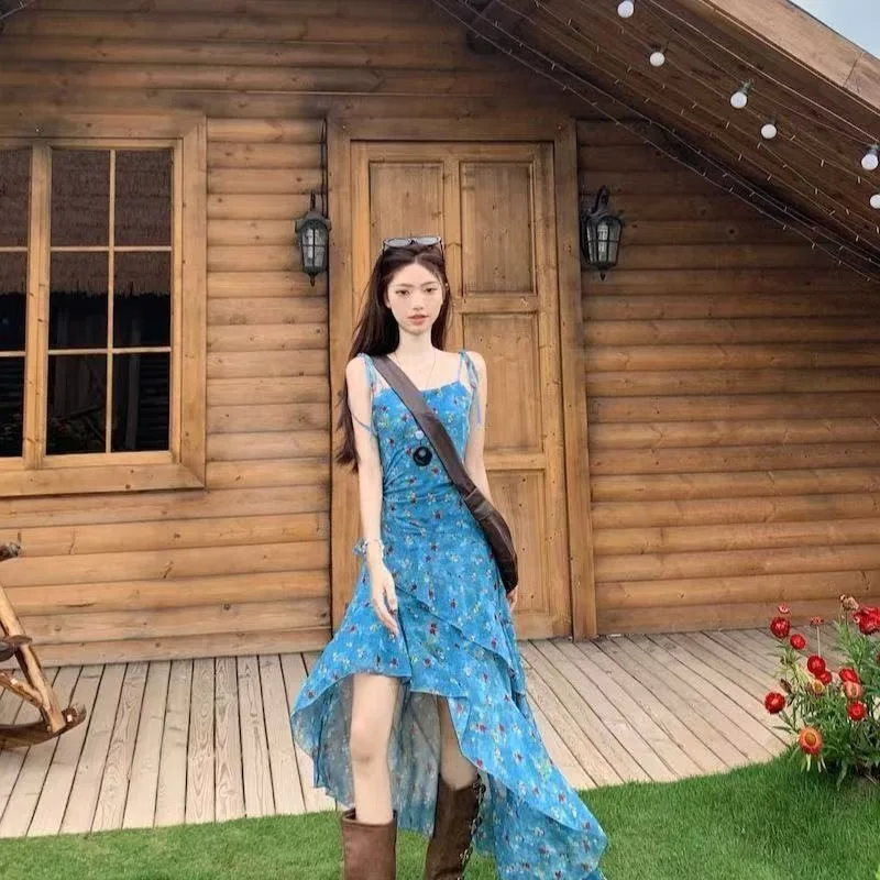 

Vintage floral off-shoulder dress for women; summer design with uneven hemline; waist-cinching and slimming A-line dress