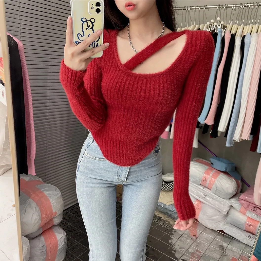 Sexy Street Sle Pure Desire con spalle scoperte Maglione lavorato a maglia Strato base casual Top slim fit per ragazze alla moda Fibra di poliestere