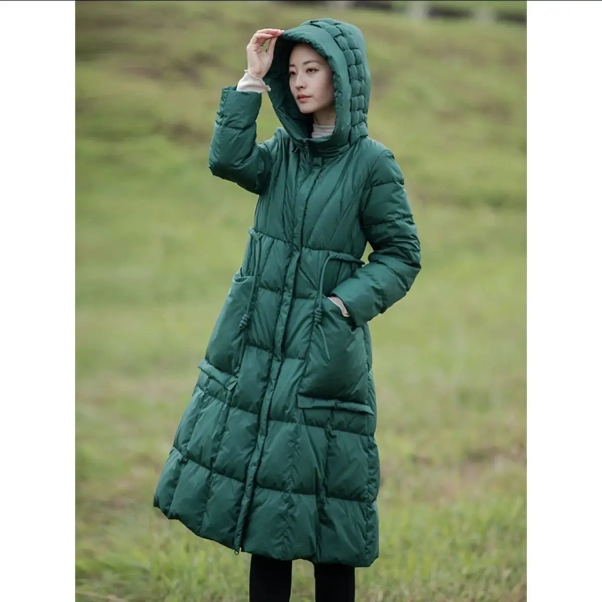 Winter Women's Down Jacket Hooded White Duck Down Lace Up Warm Down Jacket