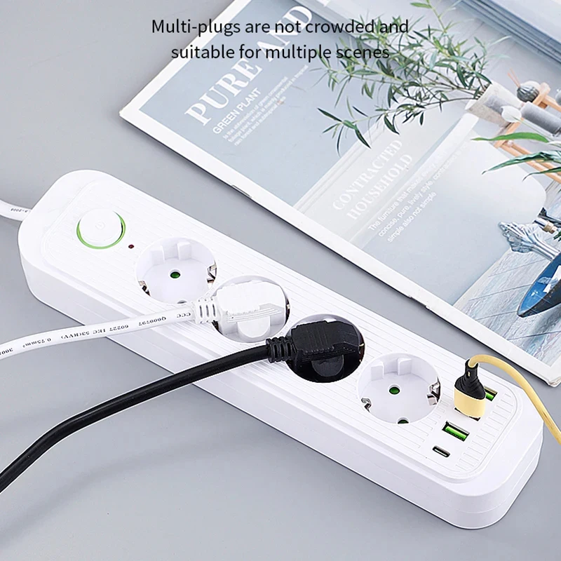 EU Plug AC Outlets Multitap Power Strip Socket 2m Extension Cord Electrical With USB Ports Fast Charging Network Filter Adapter