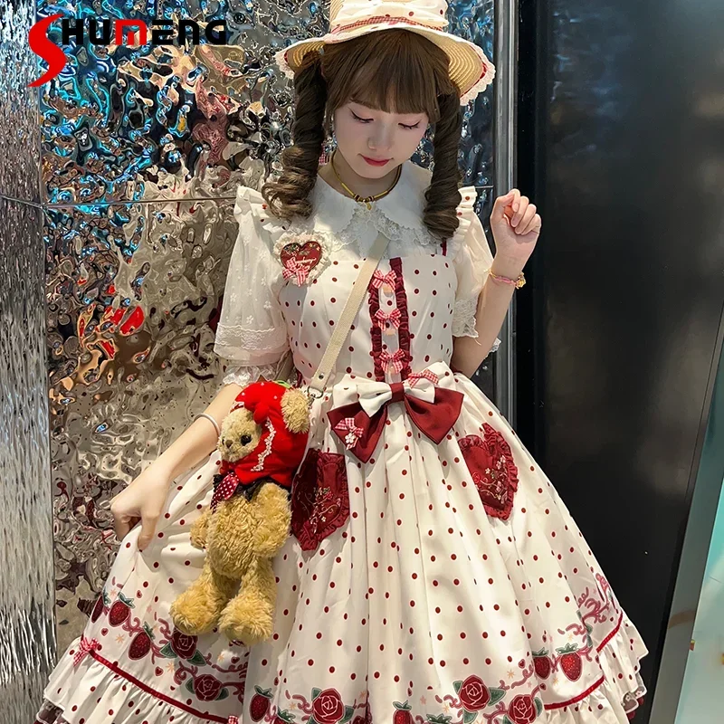

Sweet Cute Lolita JSK Dresses Sleeveless Square Neck Bow Love Embroidery Splicing Dot Print High Waist A-line Kawaii Dress Women