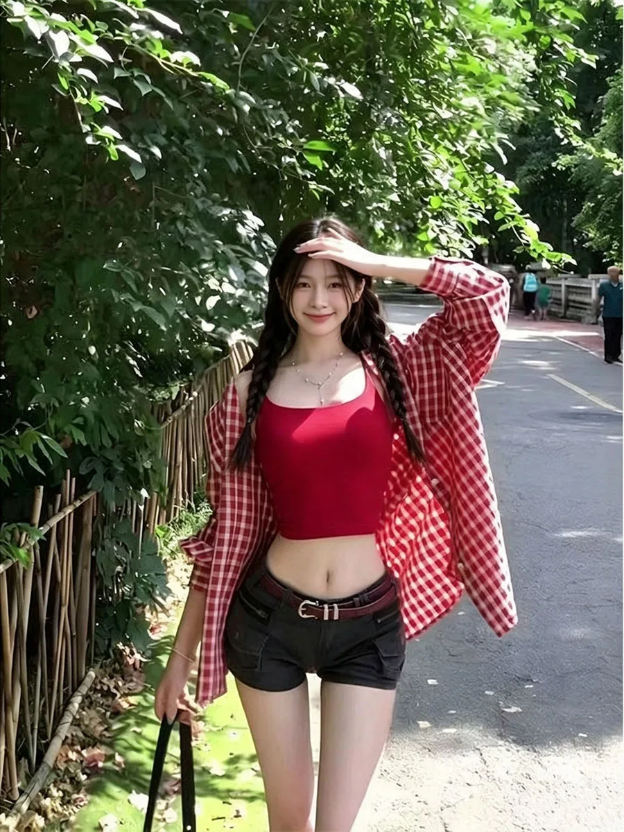 

Red Plaid Shirts Women Spring Summer Long Sleeve Casual Tops Fashion Korean Loose Clothes Ladies All Match Design Sense Shirt