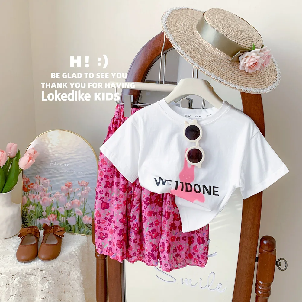 

Корейские Детские комплекты одежды с юбкой для девочек, летняя футболка с мультяшным кроликом для девочек + юбка с цветочным принтом, милая детская одежда из 2 предметов, женский костюм