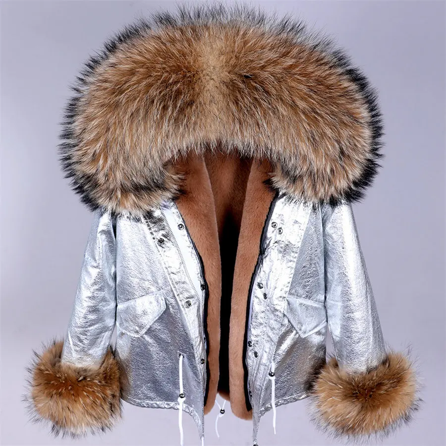 MAOMAOKONG 2024 Add cuff fur Winter Clothes Women Natural fur coat Real Raccoon Fur Collar Parkas Faux Fur Lining Short Jacket