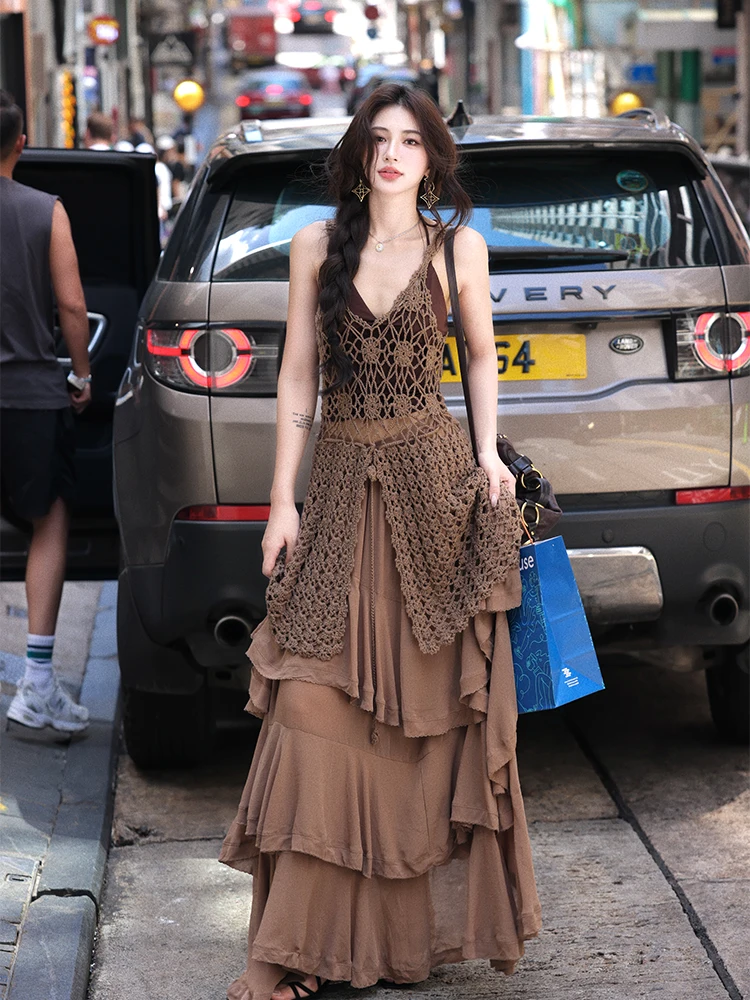 

Вязаный винтажный открытый кардиган ручной работы с открытыми бретелями, мягкий женский повседневный свободный топ из смеси хлопка с разрезом