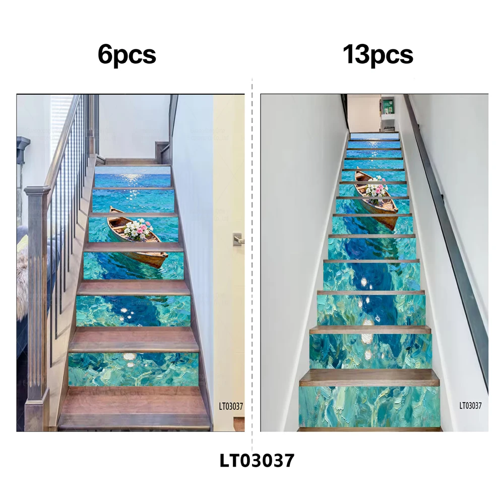 Vinilo Autoadhesivo Decorativo con Diseño de Barco y Flores para Escaleras, Pintura al Óleo de Paisaje Marino, Adhesivos para Paredes, Manualidades para el Hogar