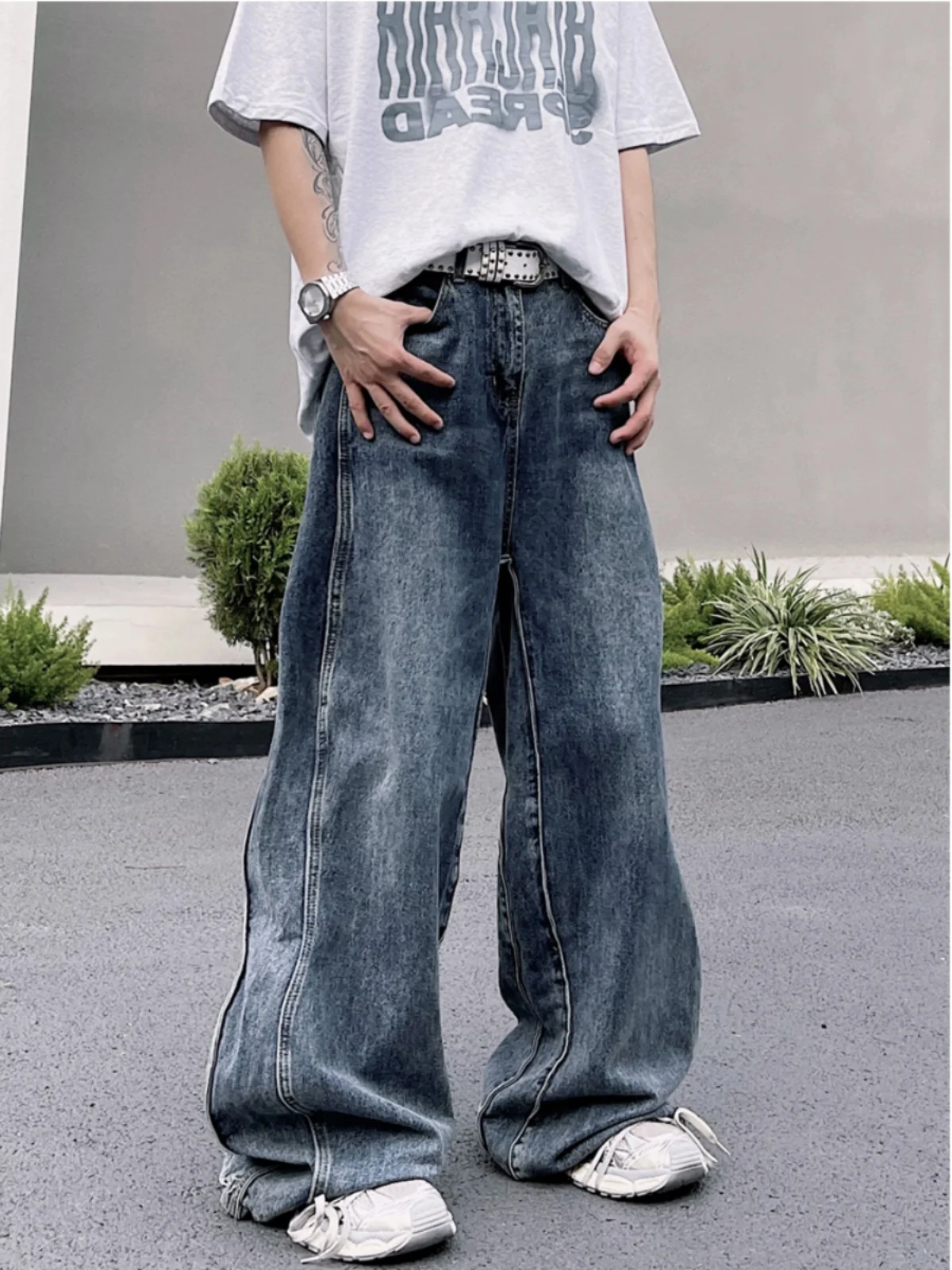 

American Sle Men's Wave Knife Jeans Retro Hong Kong Sle Loose Straight Leg Long Pants Casual Trendy Blue Denim Jeans