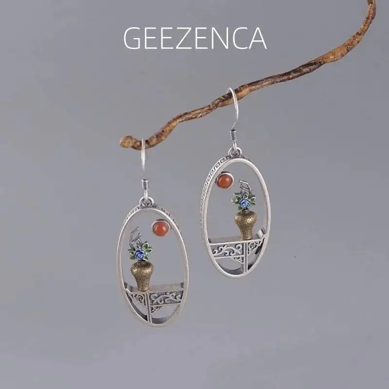 925 Sterling Silver Handmade Enameling Flower Vase Drop Earrings Unique Ethnic Vintage Earring Unusual Personality Fine Jewelry