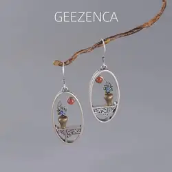 925 Sterling Silver Handmade Enameling Flower Vase Drop Earrings Unique Ethnic Vintage Earring Unusual Personality Fine Jewelry